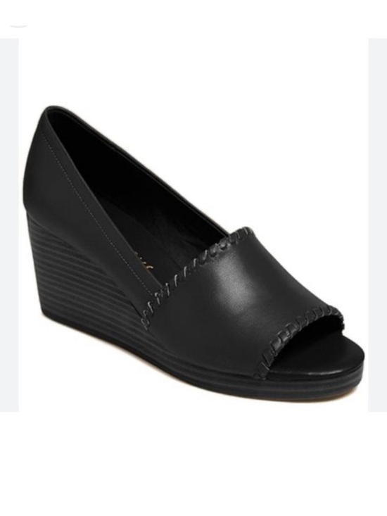 Jack Rogers Shoes - Jack Rogers Palmer Black Leather Stacked Wedge Sandals Whipstitch Trim